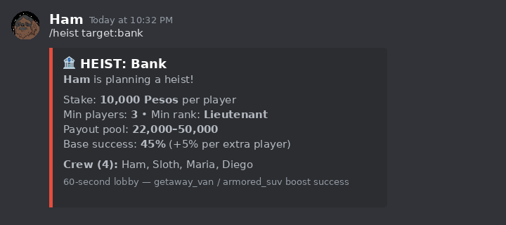 /heist — crew up & hit a target