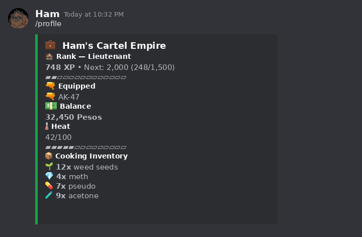 /profile — rank, heat, net worth